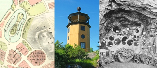 Fr. vänster: Karta över Bergianska trädgården från 1891. Tornet, foto: J. Börjesson. Musei-grotta, 1898, foto: A. Blomberg.