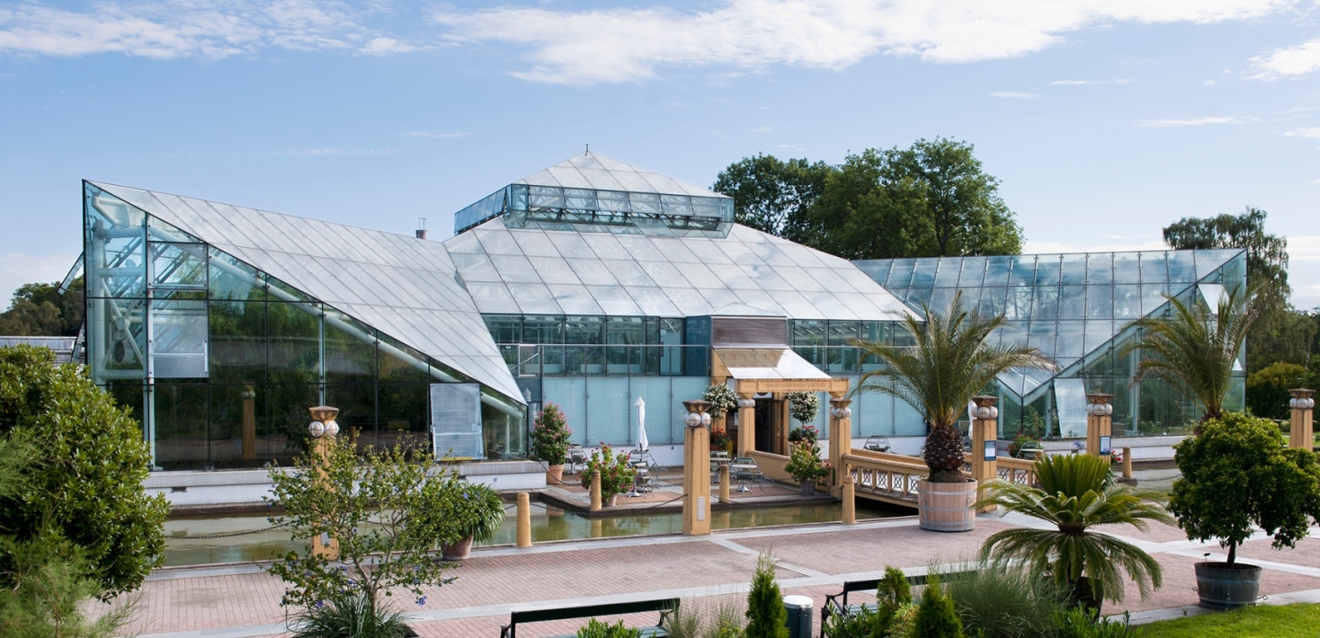 Edvard Andersons växthus, ett stort glashus med rabatter framför. Foto: Eva Dalin