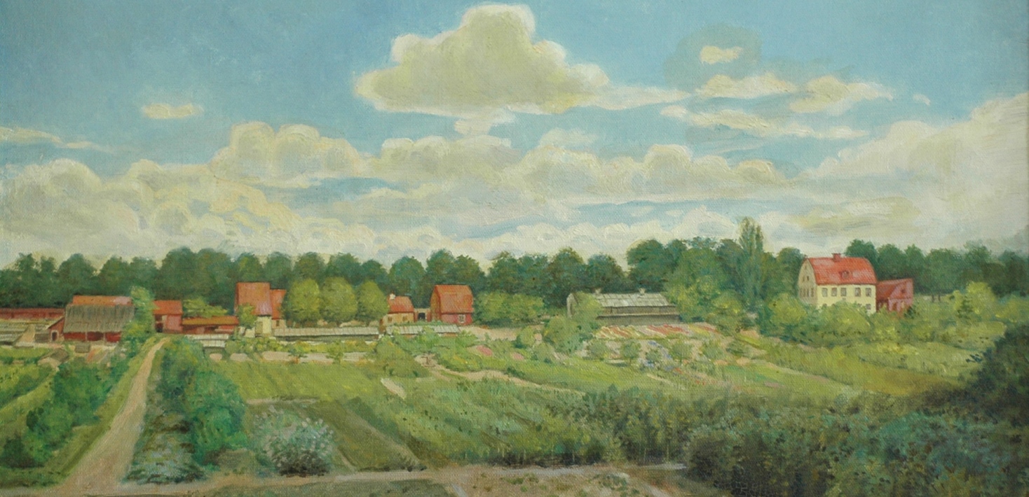 Målning med utsikt över Berglund med odlingar, växthus och mangårdsbyggnad.