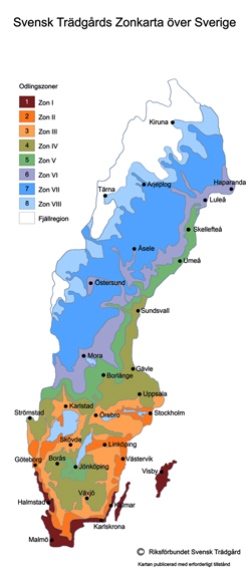 Riksförbundet Svensk Trädgårds zonkarta över Sverige