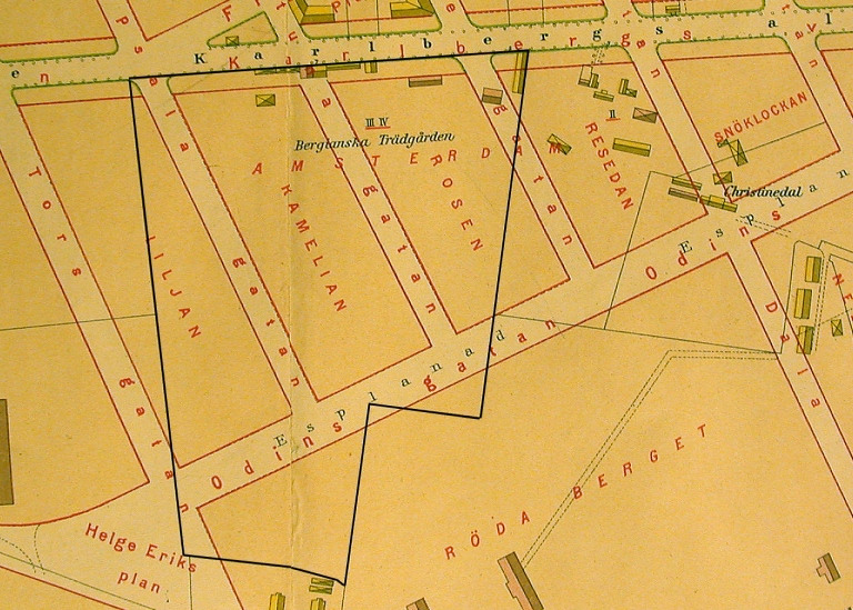 Stadsplan, karta över var Bergianska låg beläget 1885.