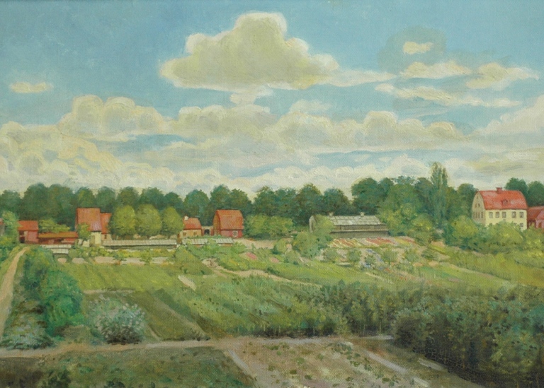 Målning med utsikt över Berglund med odlingar, växthus och mangårdsbyggnad.
